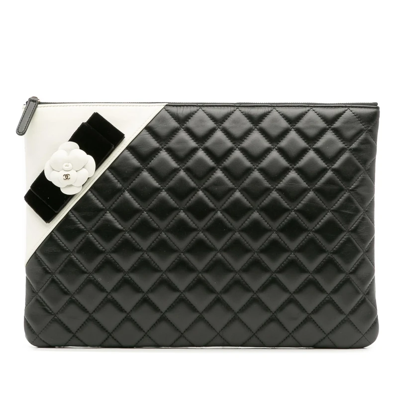 Chanel Pre-Loved Large Quilted Lambskin Camellia O Case Clutch