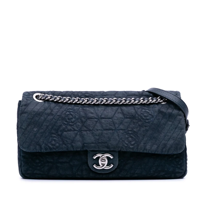 Chanel Pre-Loved Large Embroidered Denim Camellia Flap Crossbody Bag