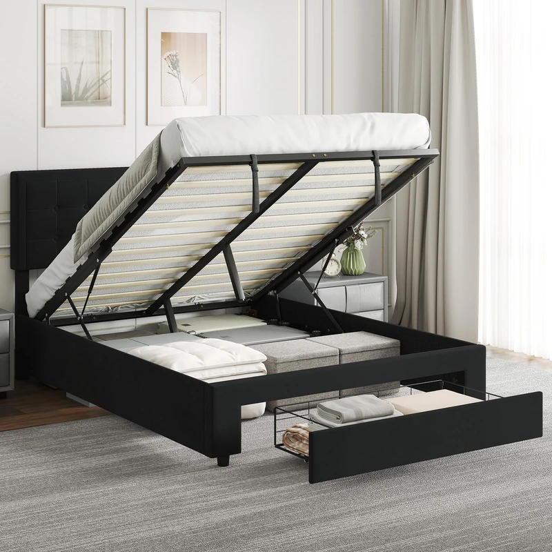 HOMCOM Upholstered Ottoman Bed with Storage Drawer 4ft6 Double Black