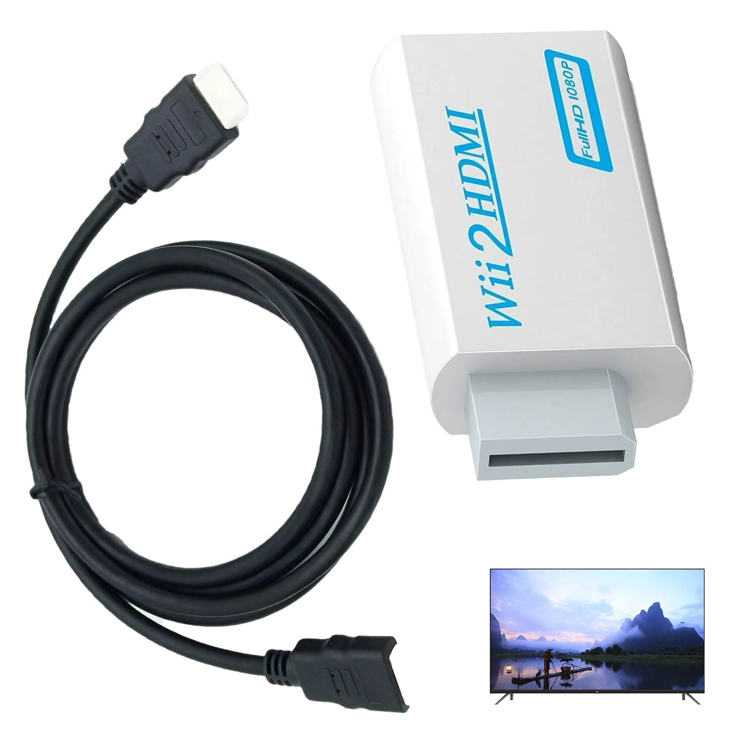 Wii to HDMI Adapter & Converter with 1.5m Cable for Nintendo Wii to Smart TV, 1080P/720P HD Output with 3.5mm Audio Jack, Compatible with All Display Modes (PAL/NTSC)-Plug and Play(Black+White,1Pc)
