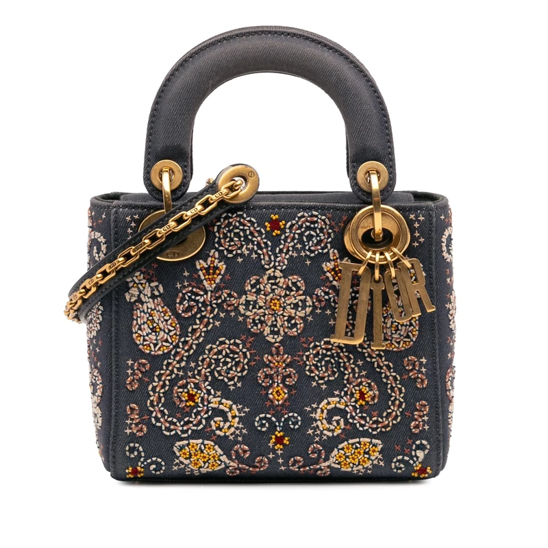 Dior Pre-Loved Mini Embroidered Denim Lady D Lite Handbag