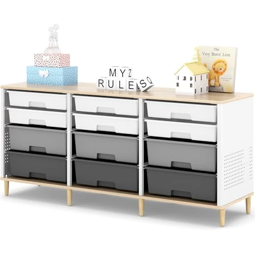 KINGRACK 12 Drawers Storage Cabinet with Wooden Top and Plastic Bins, Toy Storage Organizer Toy Shelf Storage Chest Cubby Organizer for Home, Office, Playroom, Classroom & Craft Room Storage (Grey)