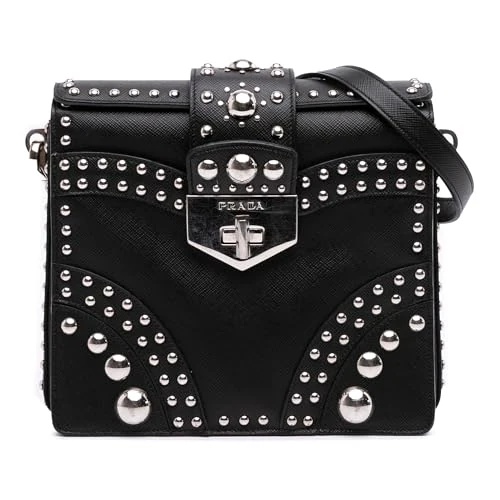 Pre-Loved Saffiano Studded Turn Lock Top Handle Bag