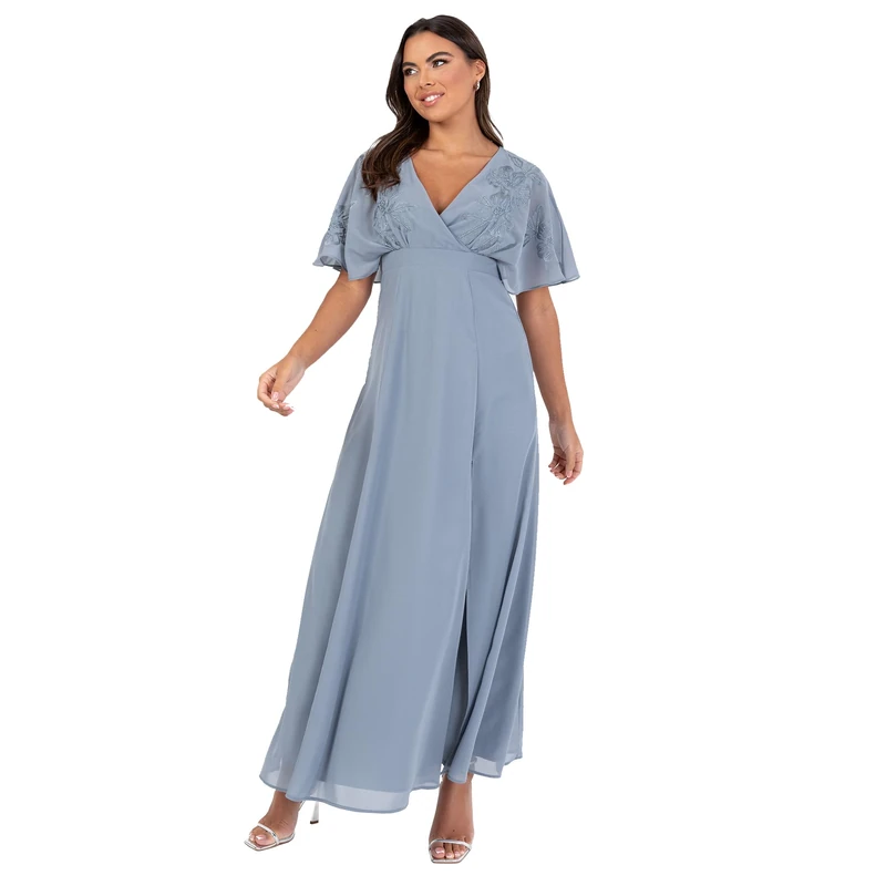 Maya Deluxe Women's Maxi Dress Ladies V-Neck Wide Sleeve Floral Embroidered Wrap Bodice Tie Belt Split Wedding Guest Prom Ball Gown, Dusty Blue 14