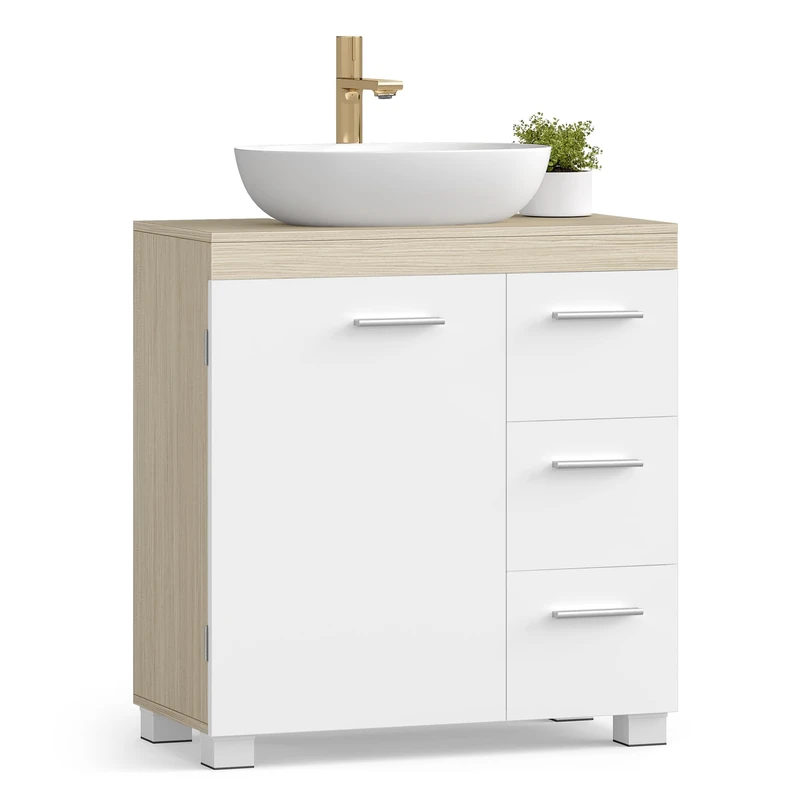 VASAGLE Under Sink Bathroom Cabinet, Storage Cabinet with Feet, 3 Drawers, 2 Compartments Behind the Door, for Washbasins with Pedestal, 30 x 60 x 64 cm, Cloud White and Natural Beige BBK514LL01