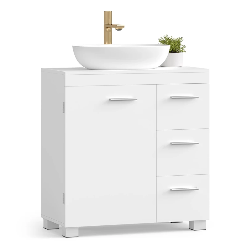 VASAGLE Under Sink Bathroom Cabinet, Storage Cabinet with Feet, 3 Drawers, 2 Compartments Behind the Door, for Washbasins with Pedestal, 30 x 60 x 64 cm, Cloud White BBK514WB01