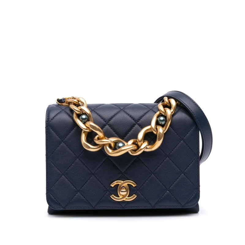 Pre-Loved Mini Quilted Lambskin Pearl Chain Flap Handbag