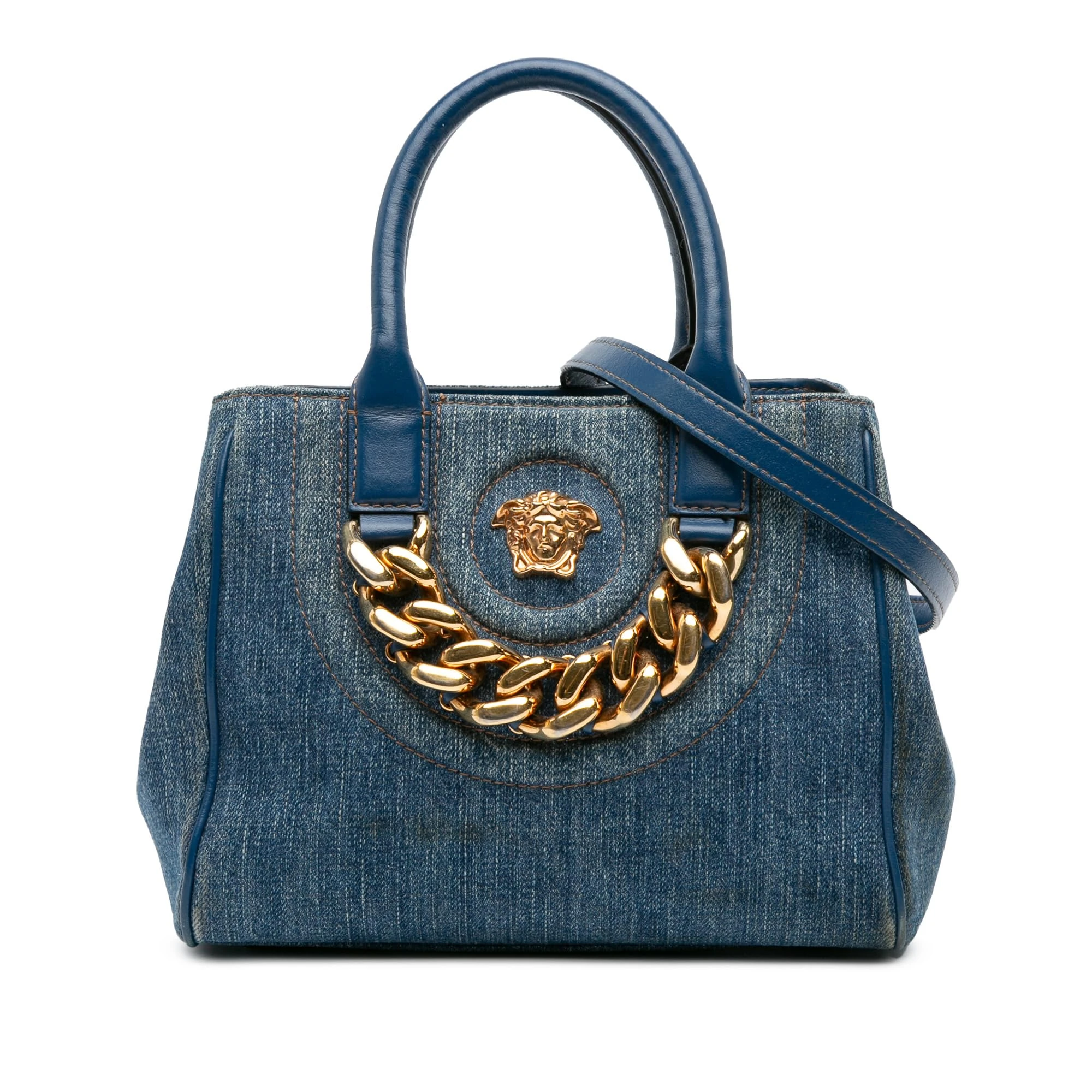 Versace Pre-Loved Small Denim La Medusa Chain Top Handle Bag Satchel