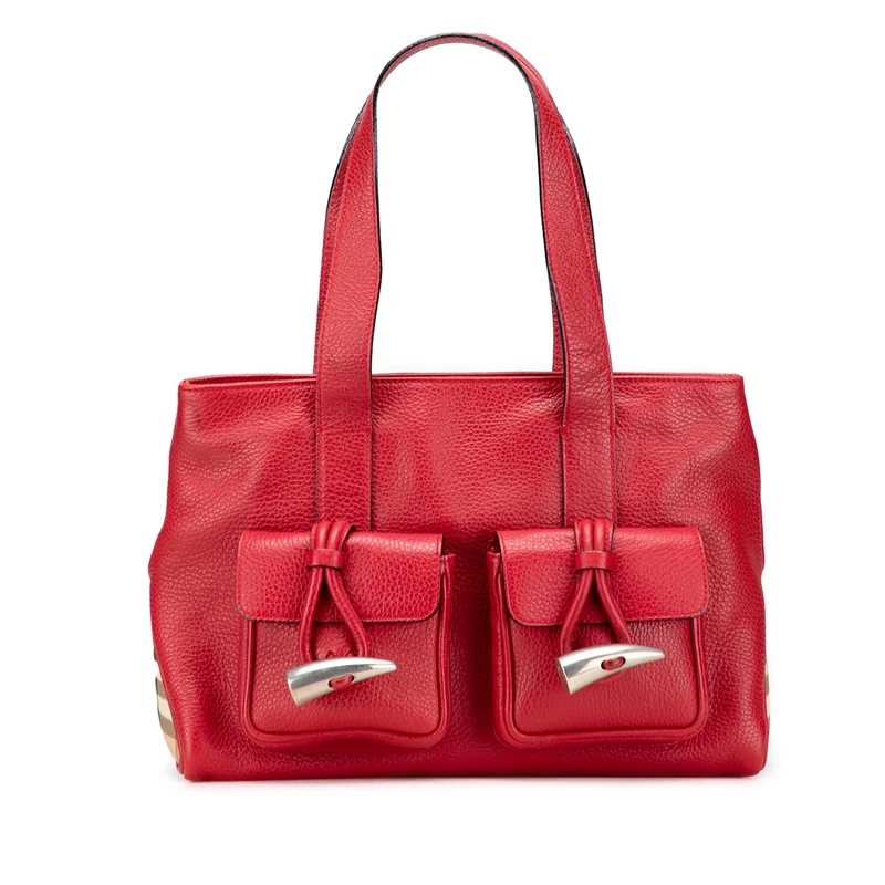 BURBERRY Pre-Loved House Check Trimmed Grainy Calfskin Horn Toggle Tote Bag