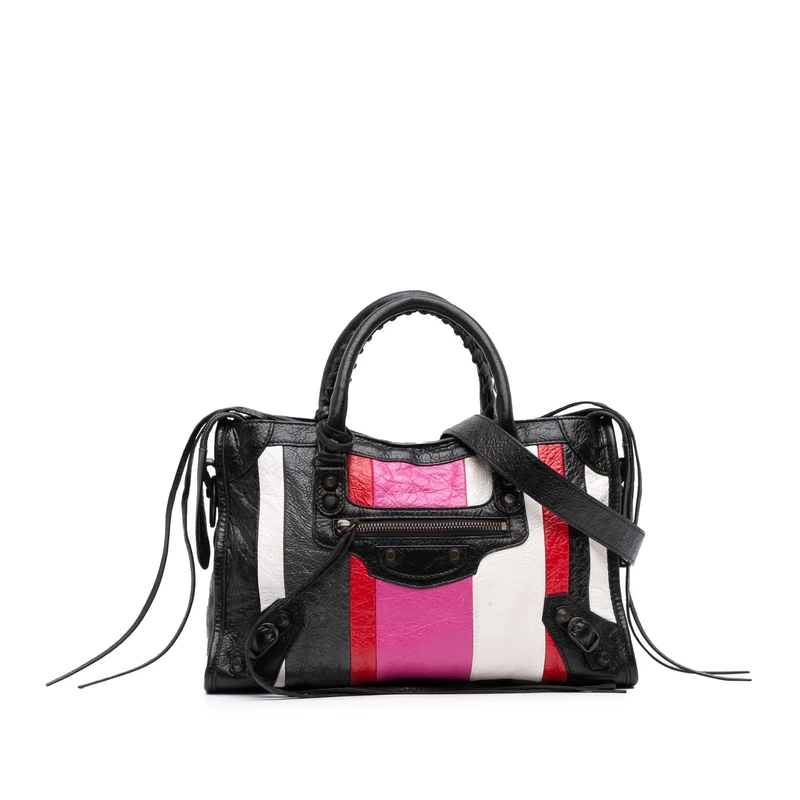 Balenciaga Pre-Loved Small Lambskin Motocross Striped Classic City Satchel