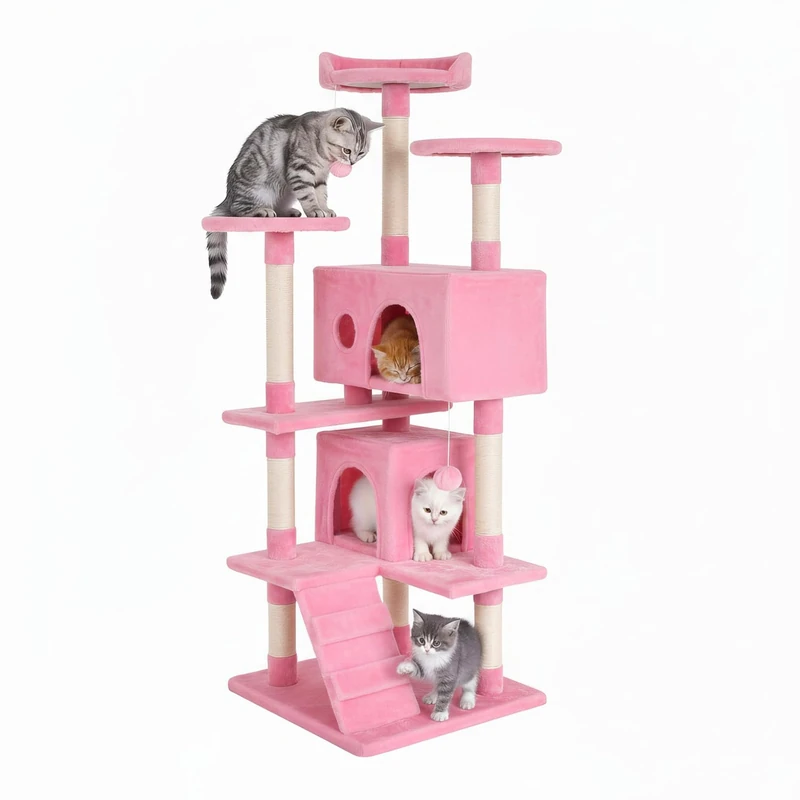 BestPet 139cm Cat Tree Tower for Indoor Cats,Multi-Level Furniture Activity Center with Scratching Posts Stand House Condo Funny Toys Kittens Pet Play House,Pink