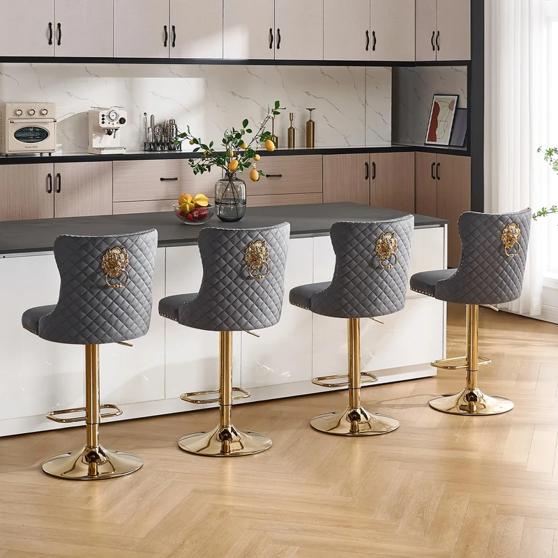 Relbiety Bar Stools Set of 4 With Lion Heads Velvet Upholstered,Swivel Breakfast Bar Chairs Adjustable Height with Backrest and Gold Legs for Kitchen,Dark Grey