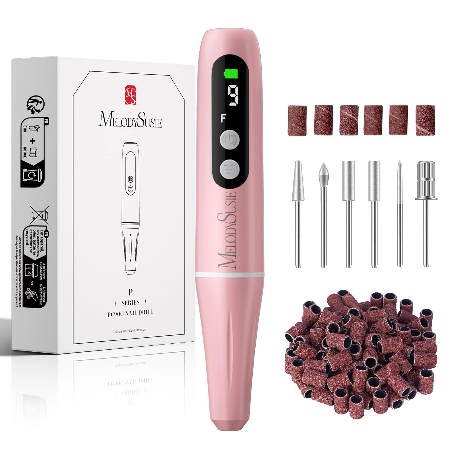 MelodySusie PC90G Rechargeable Nail Drill 20000RPM, Portable Electric Nail File for Manicure & Pedicure, Cordless Efiles for Acrylic Nails Lightweight Nail Care Tool for Home & Salon (Pink)