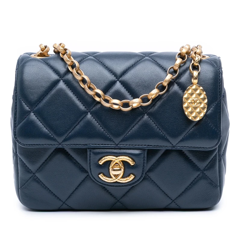 Pre-Loved Mini Square Quilted Lambskin Bijoux Logo Chain Flap Crossbody Bag