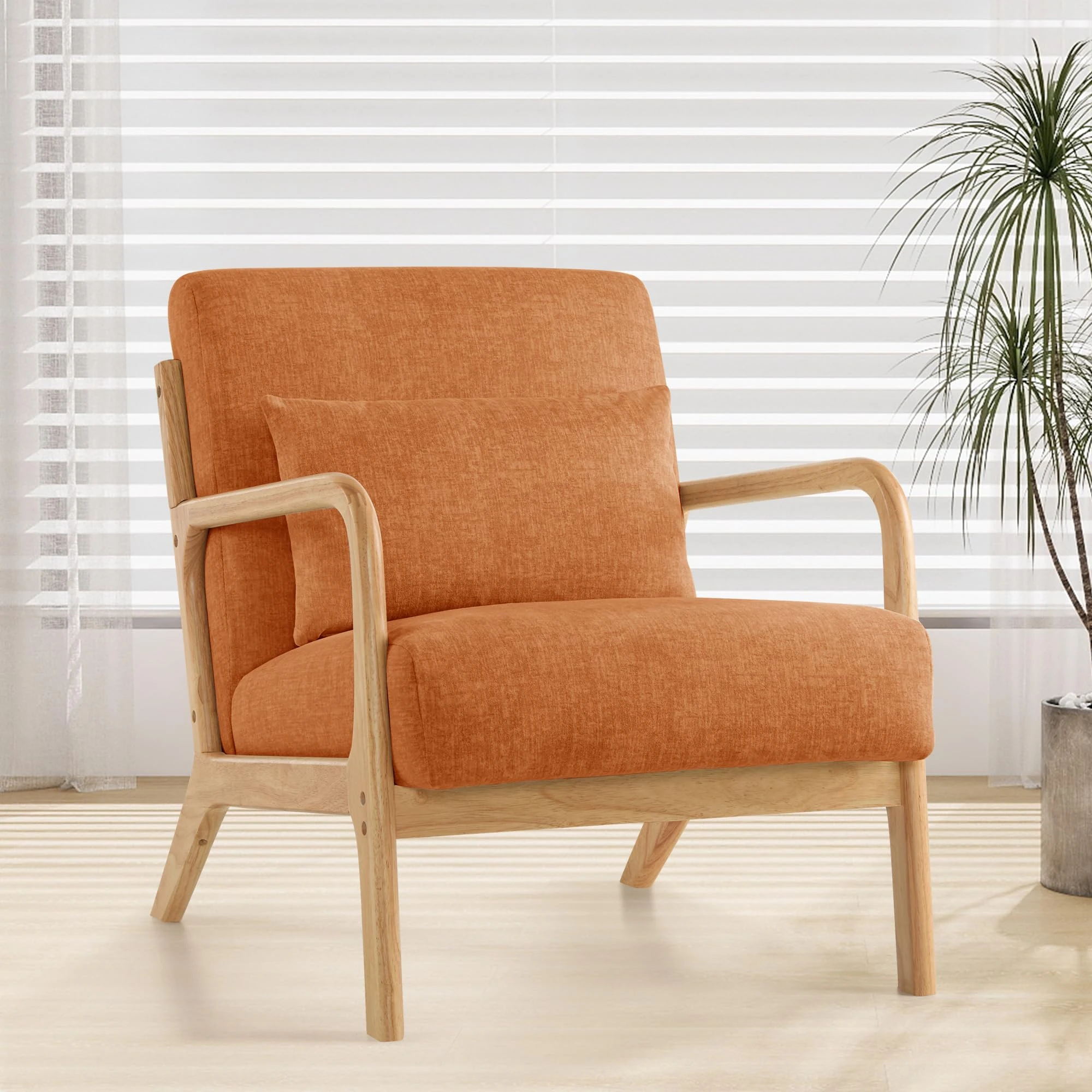 XH.Easy Go Modern Accent Chair with Pillow,Comfy Armchair with Wood Frame,Upholstered Mid-Century Reading Lounge Arm Chair for Living Room Bedroom,Orange