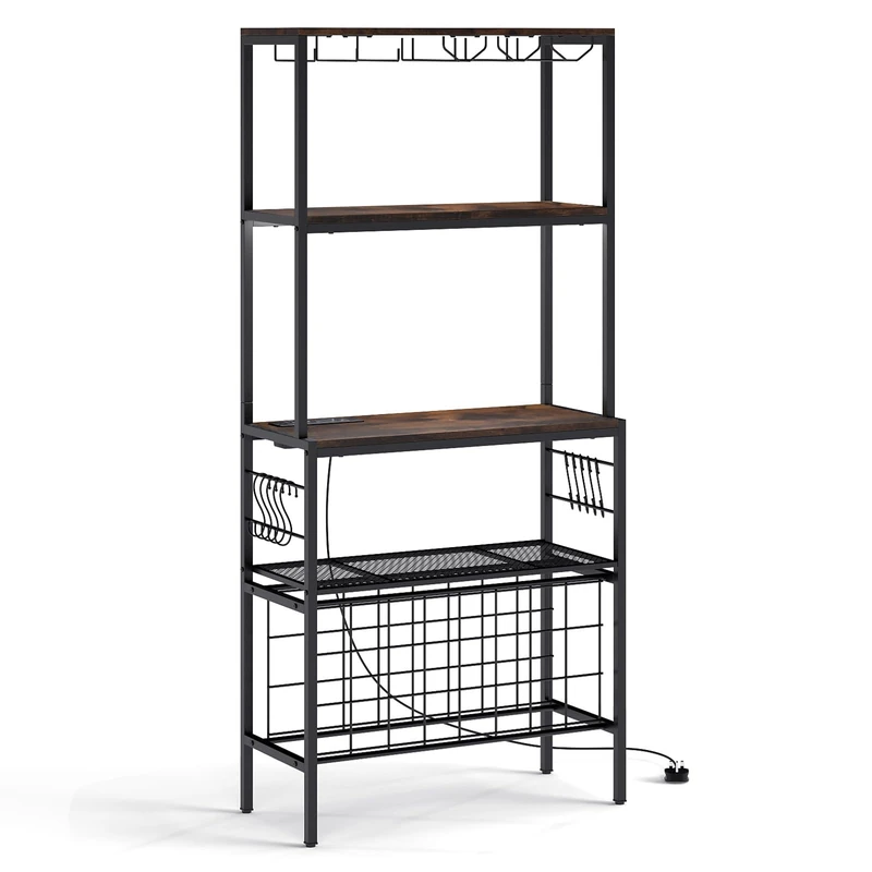 GiantexUK 4-Tier Wine Rack, Freestanding Microwave Stand with Power Outlet, 24 Bottle Holders, Glass & Mug Holders and 10 Hooks, Metal Frame Baker’s Rack for Kitchen Dining Room