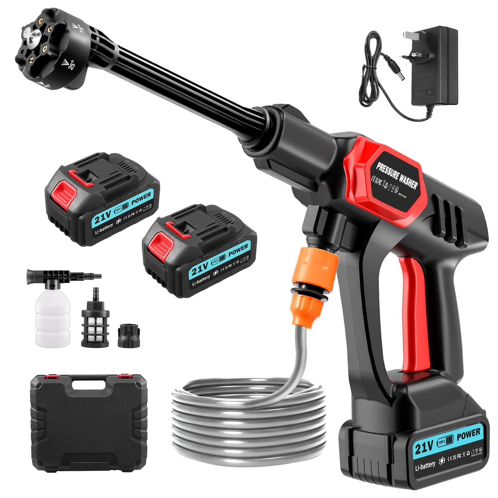 Bellanny 45Bar Cordless Pressure Washer, 21V 1500W Portable Pressure Washer with 6-in-1 Adjustable Nozzle, Battery Pressure Washer with 2 x 3.0Ah Rechargeable Battery for Floor Car Garden Cleaning