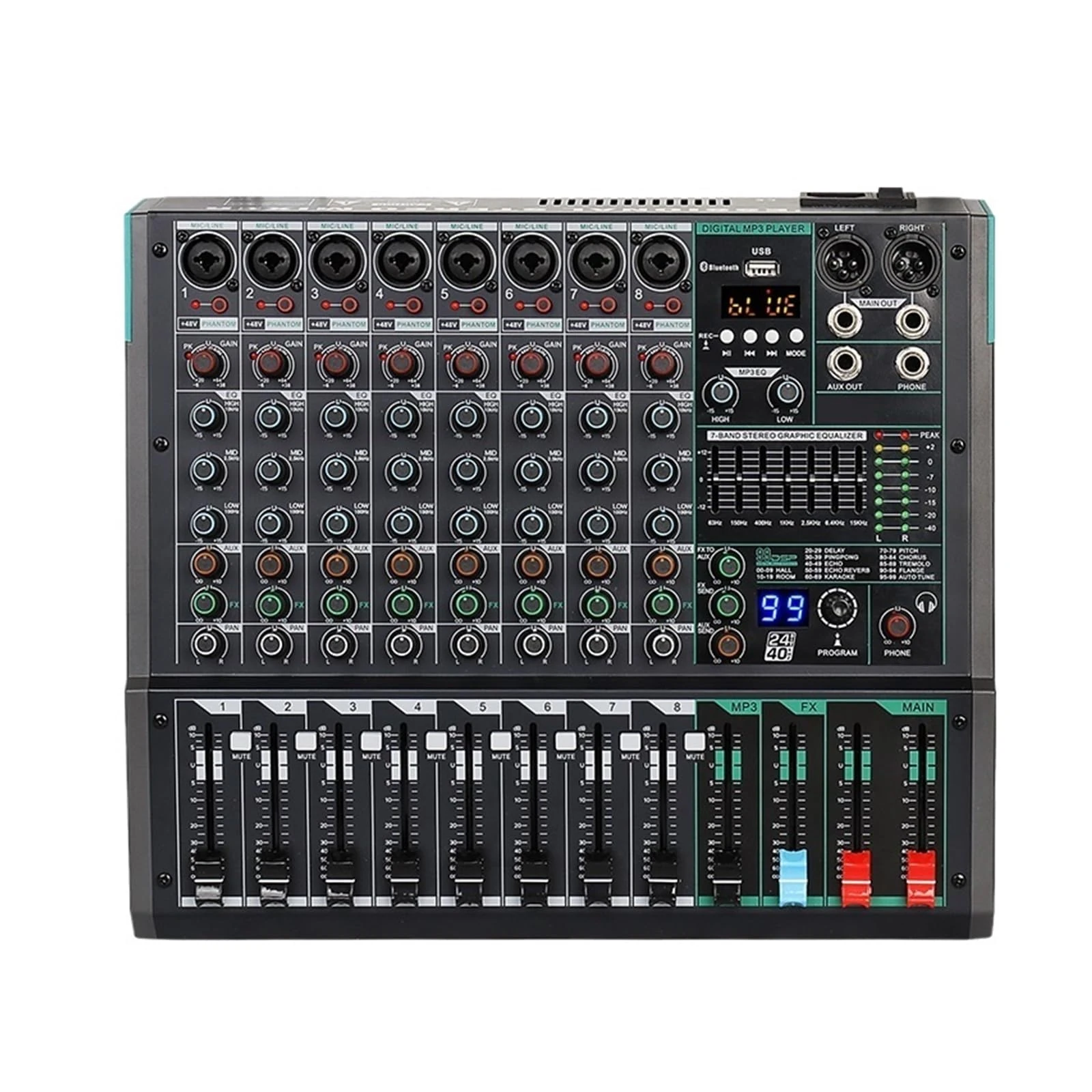 Professional Audio Mixer 8 Channel Sound Board Console DJ Mixing Desk System Interface Built-in 99 Reverb Effect Easy To Use