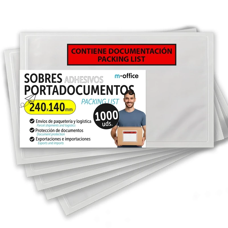 m-Office 1000 x Adhesive Document Wallets 240 x 140 mm, Packing List, Transparent Envelopes for Shipments, Invoices, Delivery Notes and Documents, Waterproof with Strong Adhesion - m-Office (1000