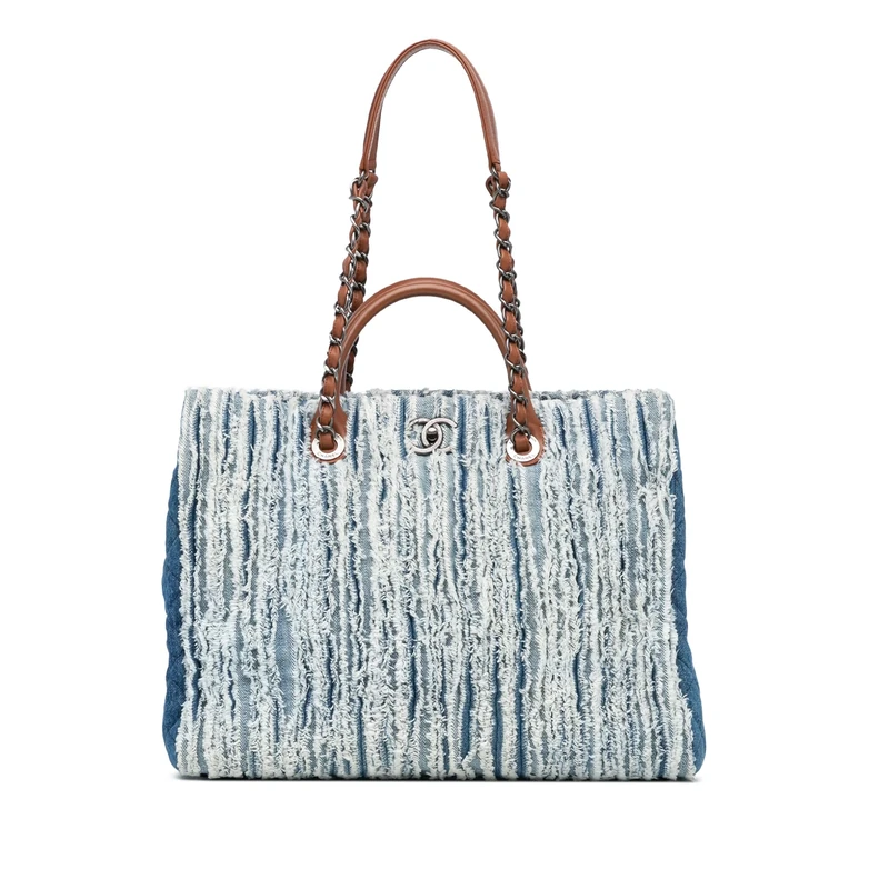 Chanel Pre-Loved Large Fringed Denim Shopping Tote Handbag