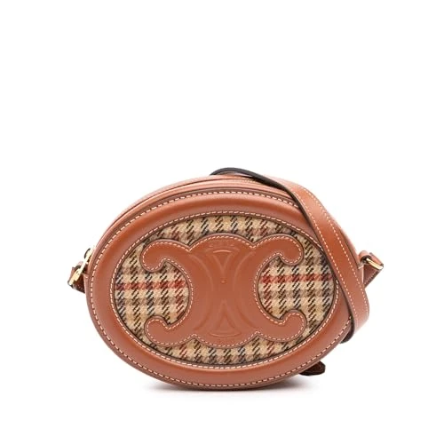 Celine Pre-Loved Small Houndstooth Canvas And Calfskin Cuir Triomphe Oval Crossbody Bag