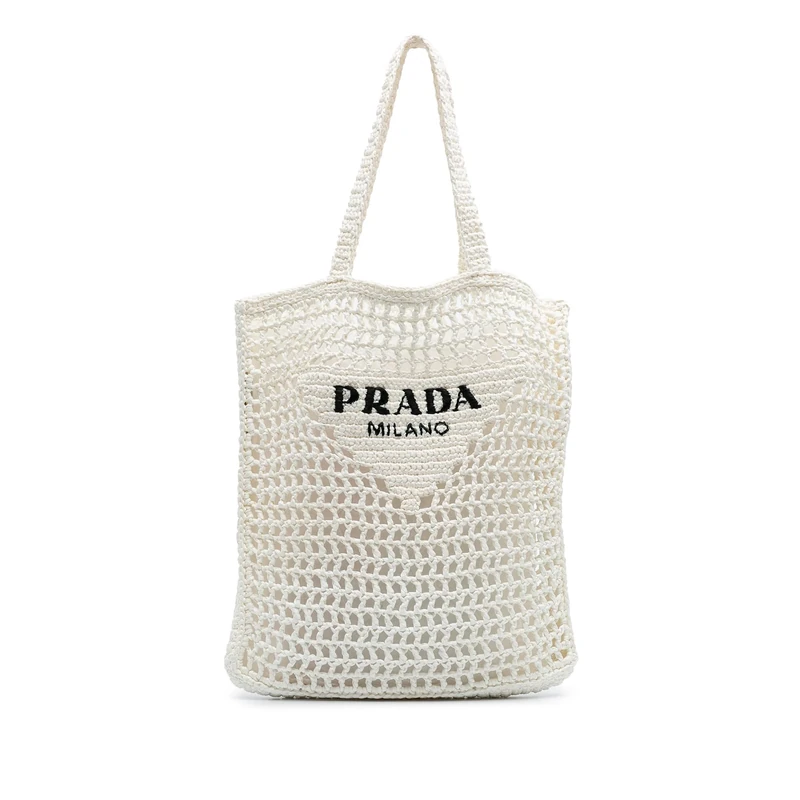 Prada Pre-Loved Raffia Crochet Logo Embroidered Tote Bag - Image 1