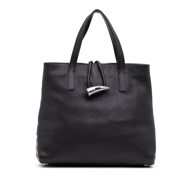 BURBERRY Pre-Loved House Check Trimmed Grainy Calfskin Horn Toggle Tote