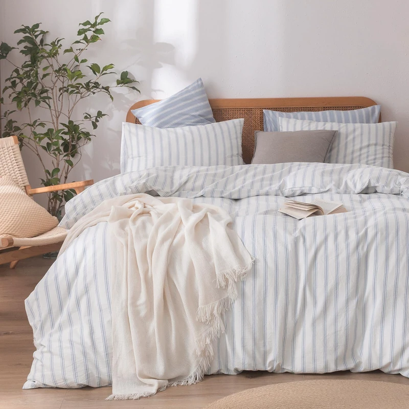 BESTOUCH Cotton Striped Duvet Cover Set White Cornflower Blue Queen