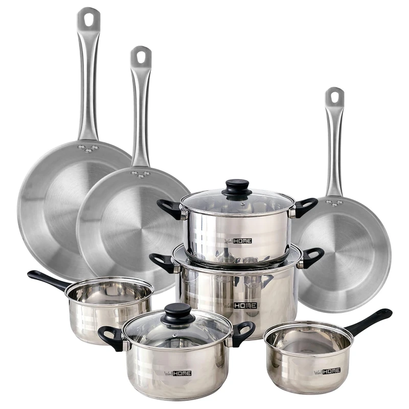 Well Home 8-Piece Cookware Set and Pans in Stainless Steel Ø20 Ø24 and Ø28 x 5cm, Suitable for Induction and Non-Stick