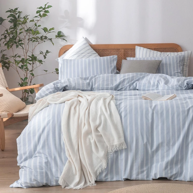 BESTOUCH Cotton Striped Duvet Cover Set Cornflower Blue White King
