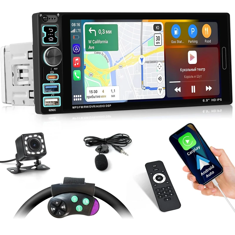 Inefala 6.9" Carplay Car Stereo Single Din Touchscreen Radio Android Auto Bluetooth 5.2 Car Audio Receiver Backup Camera USB Type C FM EQ SWC MIC