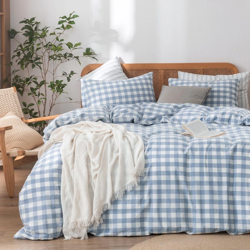 BESTOUCH Cotton Gingham Duvet Cover Set Linen Feel Cornflower Blue Queen