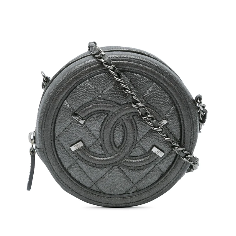 Chanel Pre-Loved Metallic Caviar CC Filigree Round Clutch With Chain Crossbody Bag