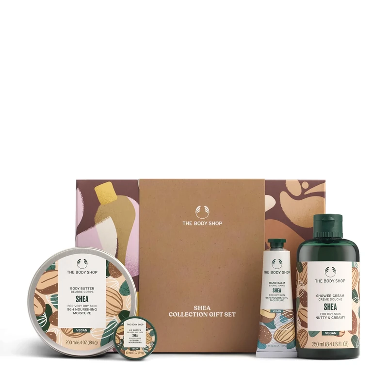 The Body Shop Shea Collection Gift Set (Shower Cream 250ml + Body Butter 200ml + Lip Butter 10ml + Hand Balm 30ml), Nourishing Shea Butter Collection for Soft, Smooth Skin, Vegan