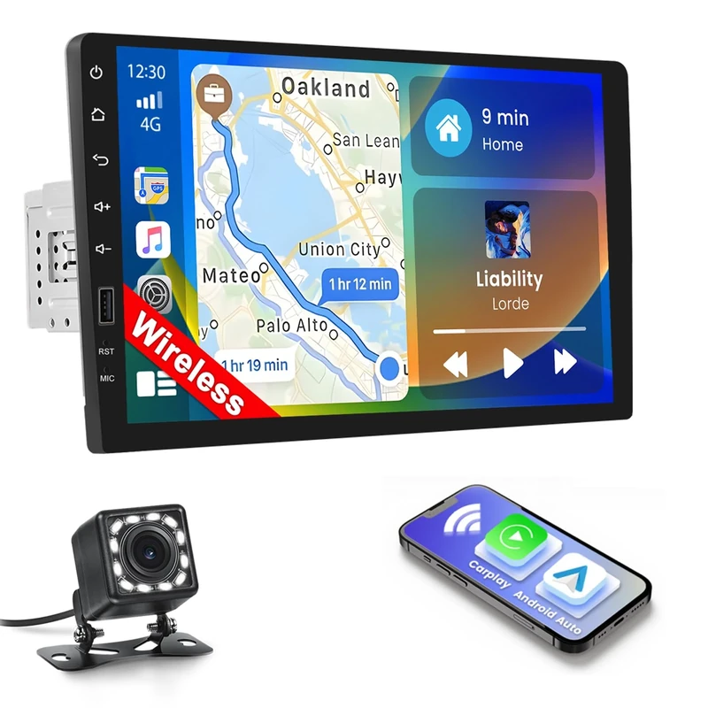 Inefala 9" Wireless Carplay Car Stereo Single Din Touchscreen Radio Android Auto Bluetooth Backup Camera Car Audio Receiver USB FM AM RDS EQ SWC