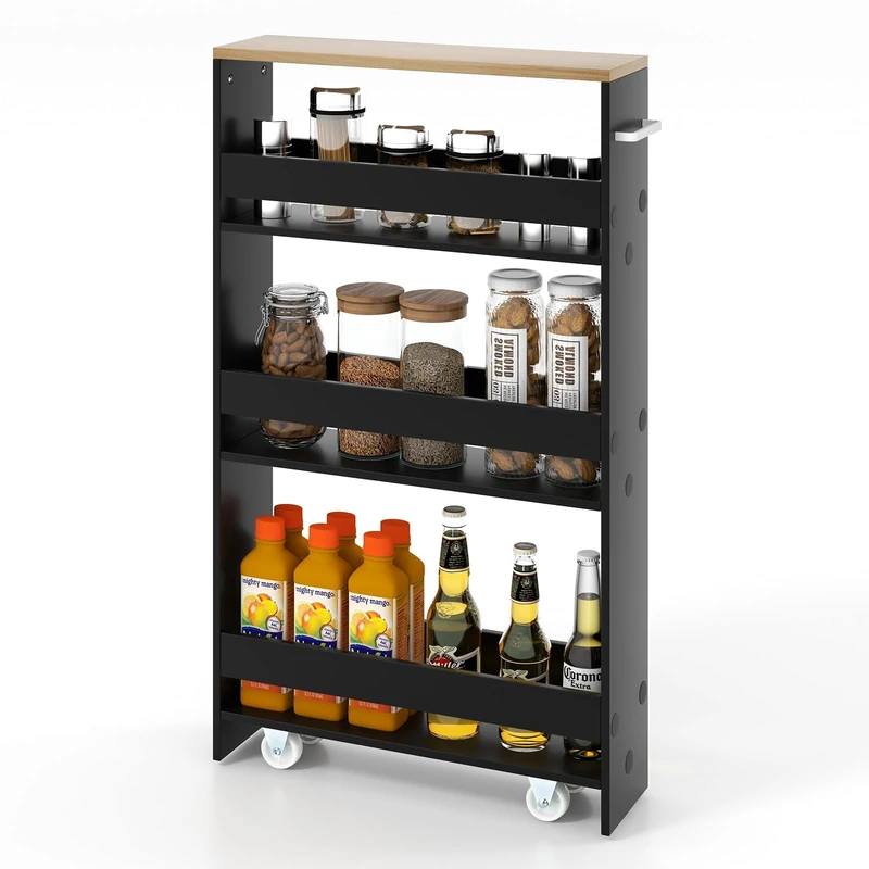 FANTASK 4 Tier Niche Trolley with Handle & Railings, Kitchen Shelf Narrow on Wheels, Bathroom Shelf Trolley Wood for Kitchen, Bathroom, 47.5 x 13 x 80.5 cm (Black + Natural)