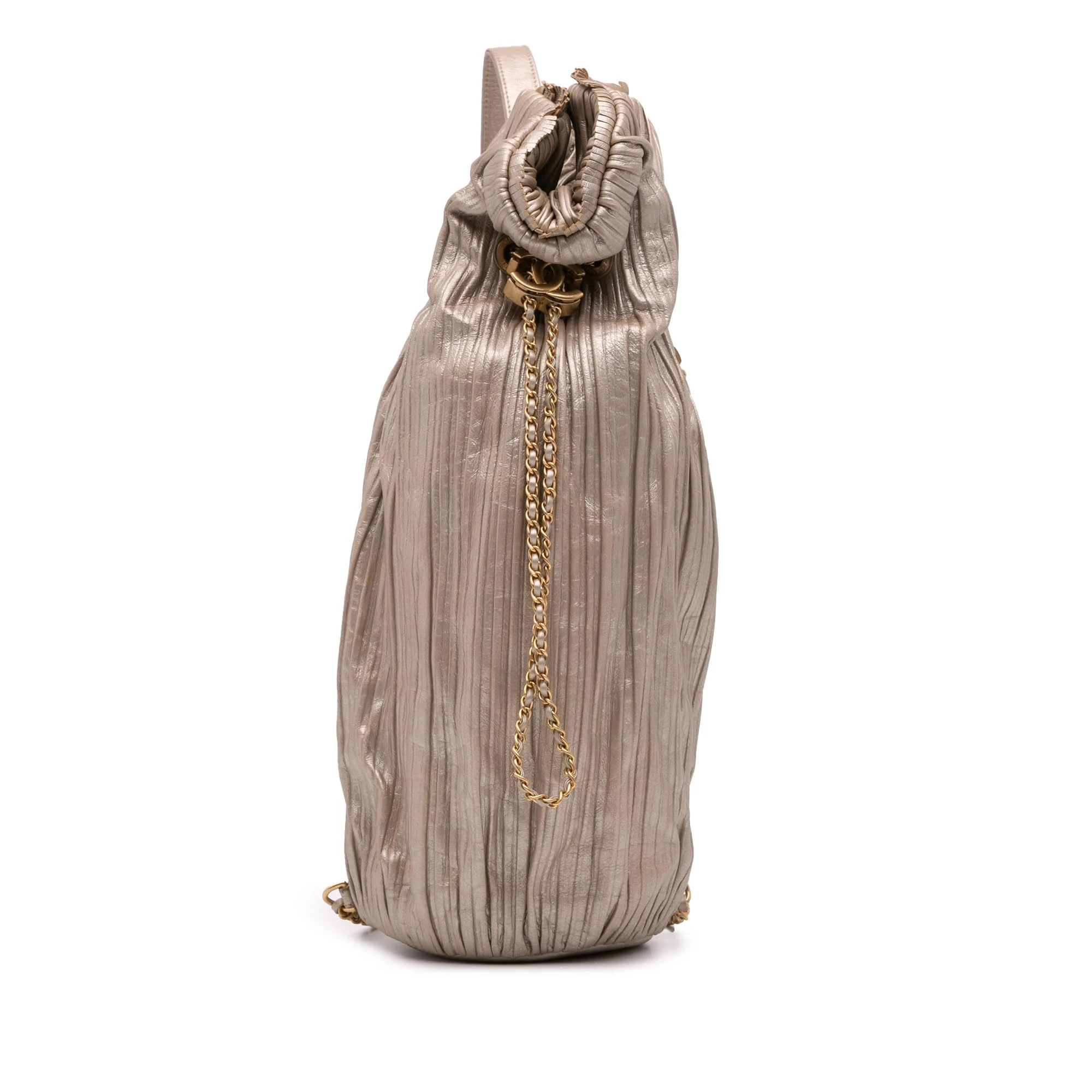 Chanel Pre-Loved Medium Metallic Calfskin Coco Pleats Drawstring Backpack