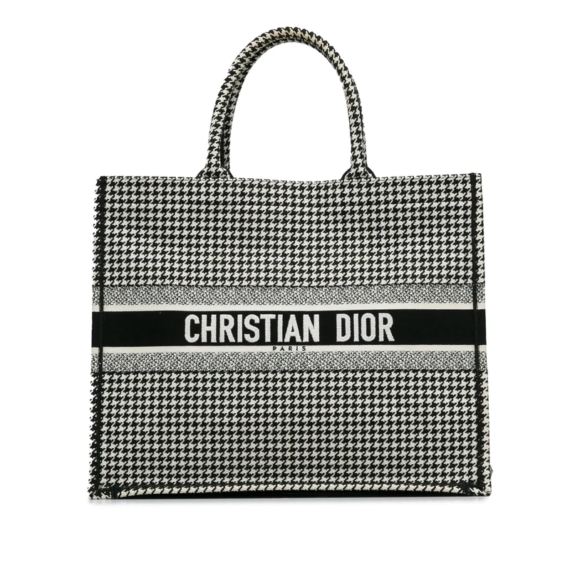 Dior Pre-Loved Large Canvas Houndstooth Embroidered Book Tote Bag