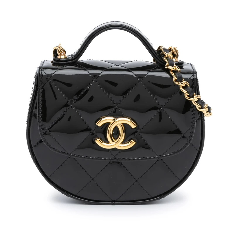 Pre-Loved Mini CC Quilted Patent Leather Top Handle Clutch with Chain
