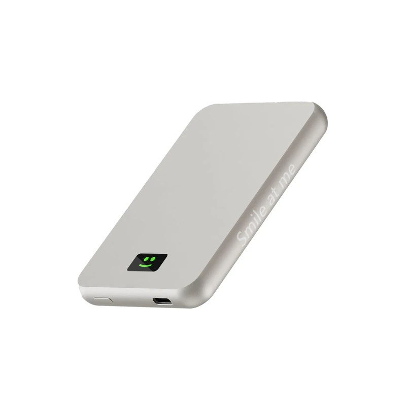 MagSafe External Battery 5000mAh - Quick Charge 100W GaN - Ultra Compact Powerbank with Mirror and LED Display - Compatible with iPhone, USB-C, Smartphones & Tablets - Xoopar Smile Grey