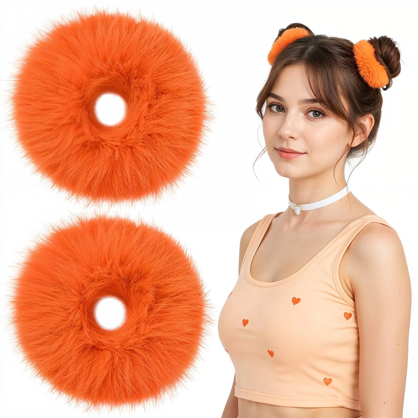 Lusofie 2Pcs Orange Pompom Hair Tie, Furry Faux Rabbit Fur Fuzzy Scrunchies, Orange Fuzzy Hair Ties Baby Hairs Ties Ponytail Holders Pom for Girl Women