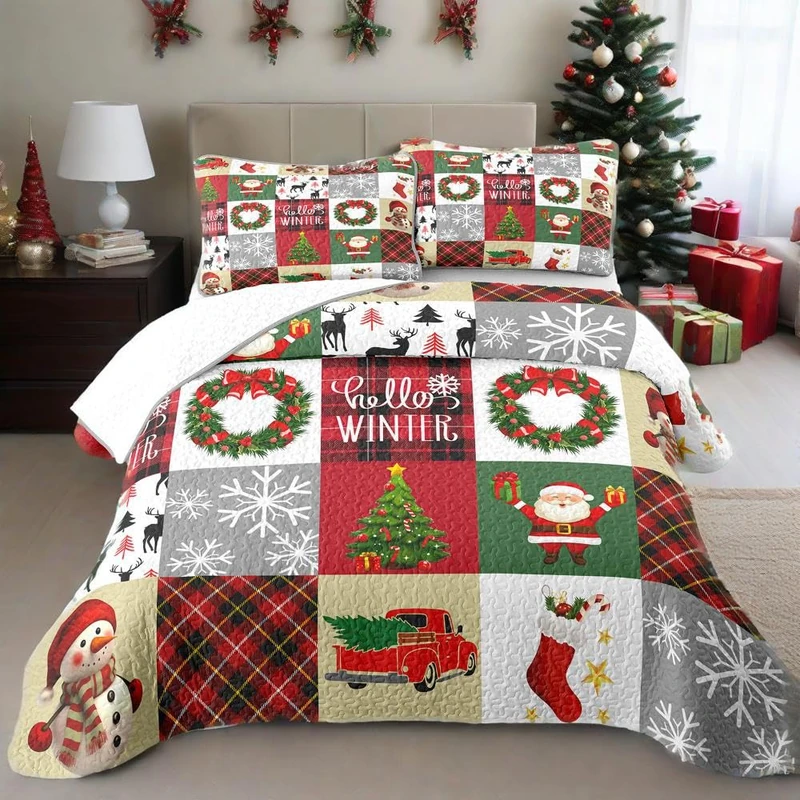 WHWODIDE Christmas Patchwork Quilt Set King - Red Quilts for King Size Bed, Snowman Patchwork Printed Christmas Bedding Set - Soft Microfiber Lightweight Coverlet Bedspread (Car, King(90"x104"))