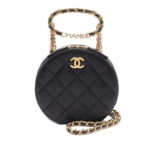 Pre-Loved Quilted Lambskin Oval Logo Chain Top Handle Round Clutch On Handbag