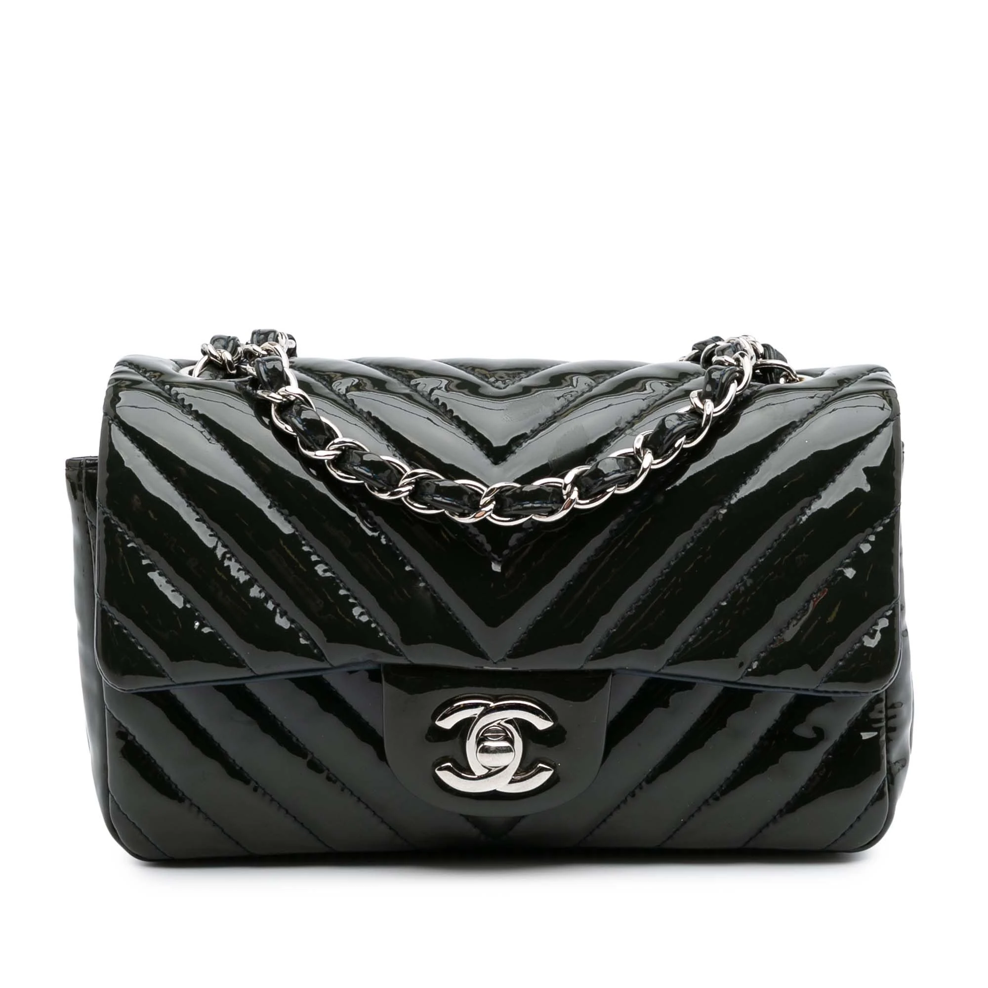 Chanel Pre-Loved Mini Rectangular Classic Chevron Patent Single Flap Crossbody Bag