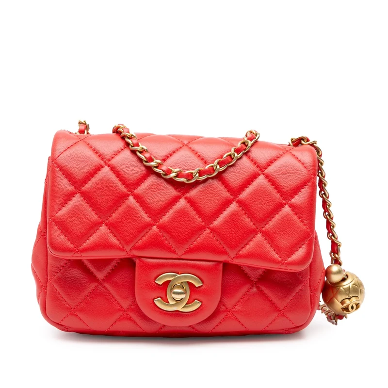 Chanel Pre-Loved Mini Square Classic Lambskin Pearl Crush Single Flap Crossbody Bag