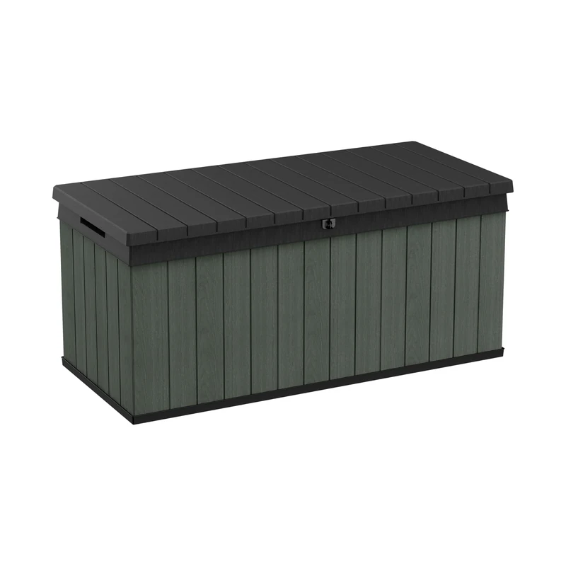 Keter Darwin 454L Outdoor Storage Box – Green | Lockable Weatherproof Garden Deck Box & Bench | Evotech™ Wood-Effect Composite | Hydraulic Lid | Seats 2 Adults | Durable, Maintenance-Free Construction