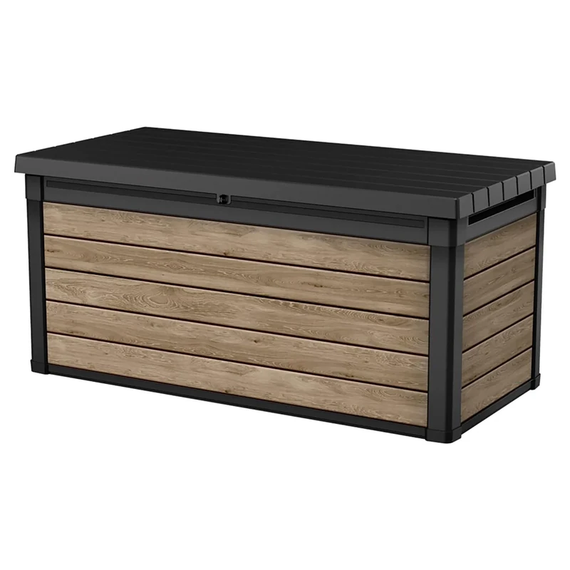Keter Signature 570L Outdoor Storage Box – Ashwood Brown | Lockable Weatherproof Garden Deck Box & Bench | Wood-Effect Finish | Hydraulic Lid | Seats 2 Adults | Durable Resin Construction