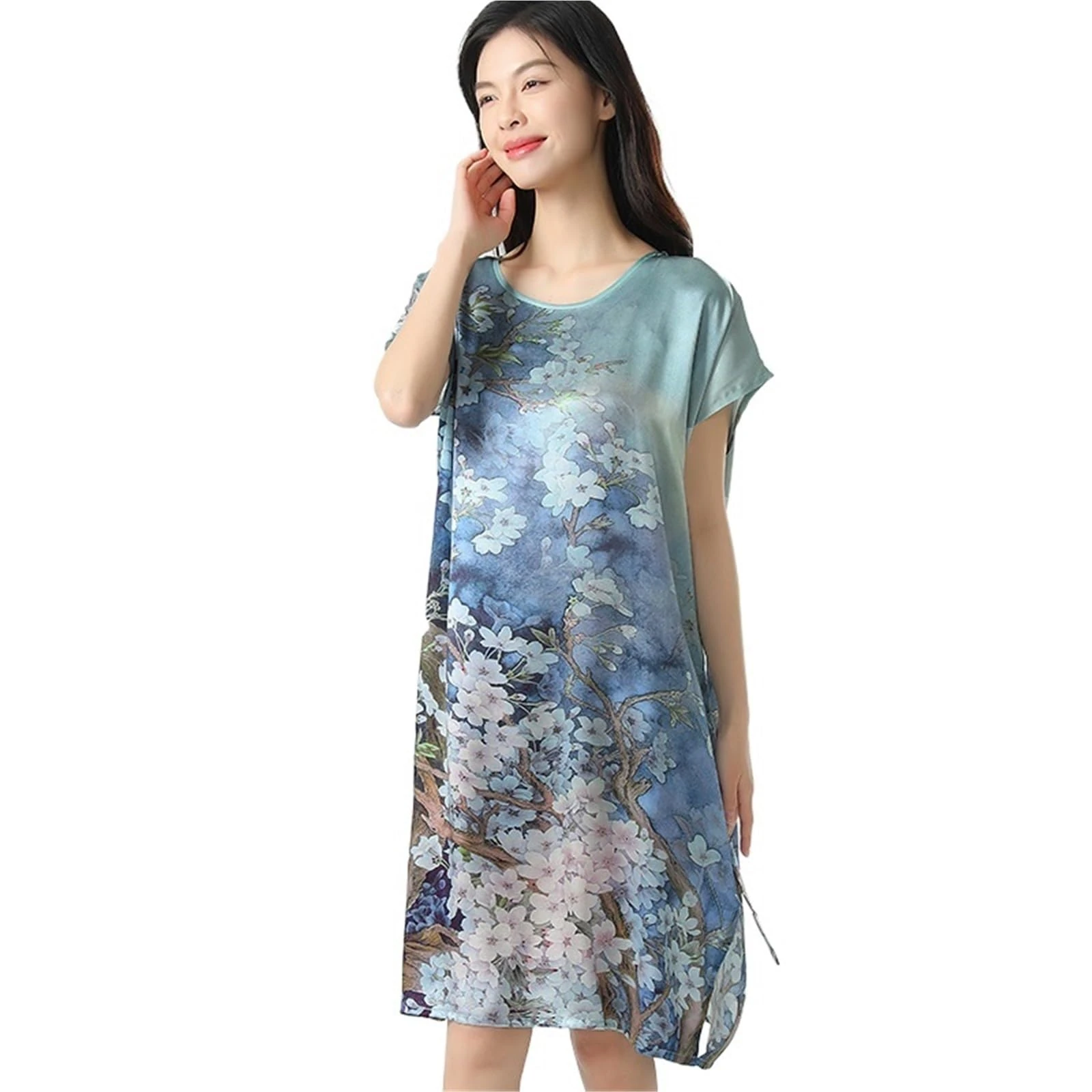 Silk Nightdress 19MM Mulberry Imitated Silk Dress Pajamas Sleeping Home Nightwear Women's Loose Plus Size Short Sleeve Summer 40-80kg(Style 06)