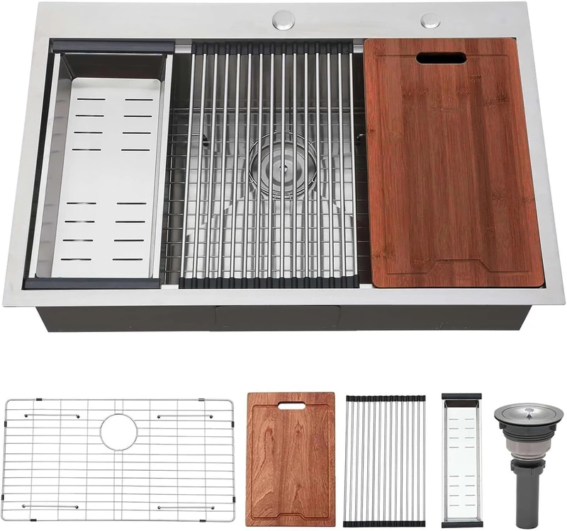 Kitchen Sink Drop in - 33"x22" Topmount Ledge Workstation Kitchen Sinks 16 Gauge Handmade Stainless Steel Single Bowl Sink with All Accessories for Kitchen Laundry Utility, VLSYJSJ3322SCWL