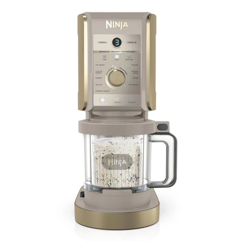Ninja CREAMi Deluxe Ice Cream Maker and Frozen Dessert Maker with 3 Tubs, 10 Functions, Makes Ice Cream Slushi and More, 2-in-1 Flavour Option, Stone Gold, NC501UKSTGD